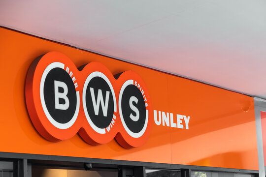 Adelaide, South Australia - August 17, 2019: BWS bottle shop logo sign at Unley shopping centre on a day