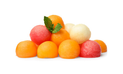 Melon and watermelon balls with mint on white background
