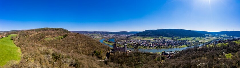Fototapeta na wymiar Aerial view, Henneburg, Stadtprozelten, behind Faulbach, Spessart, Franconia, Bavaria, Germany,
