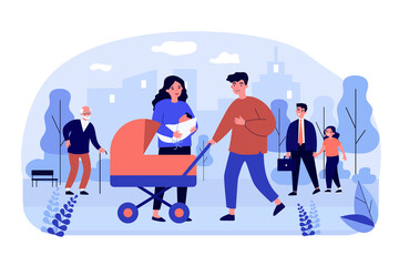 Couple walking with baby outside. Mom holding kid, dad wheeling stroller flat vector illustration. Parenthood, family, new parents concept for banner, website design or landing web page