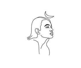 Hand drawn vector abstract stock flat graphic illustration with logo elements ,female portrait sacred line art icon in simple style for branding ,isolated on white background