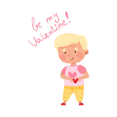 Little Boy Character with Blonde Hair Holding Heart Vector Illustration