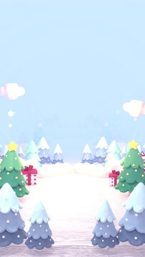 Vertical cartoon Christmas land. Merry Christmas and Happy New Year greeting card. 3d rendering picture.