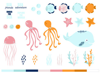 sea world, set of sea elements (whale, fish, jellyfish, squid, star, seashell, algae), vector illustration