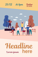 Group of friends enjoying barbecue party outdoors. Dancing people, singing on stage, wine flat vector illustration. Celebration, festival, event concept for banner, website design or landing web page