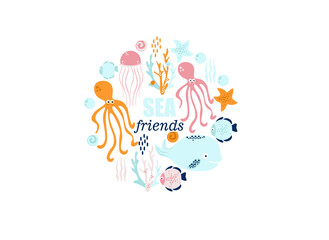 poster of the sea world, vector illustration of fish, whale, jellyfish, squid, stars, seashells, corals