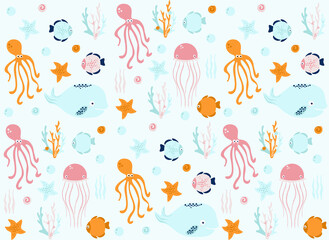 sea world (whale, fish, jellyfish, squid, star, seashell, algae, coral), vector illustration