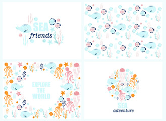 set of posters of the sea world, vector illustration of fish, whale, jellyfish, squid, stars, seashells, corals