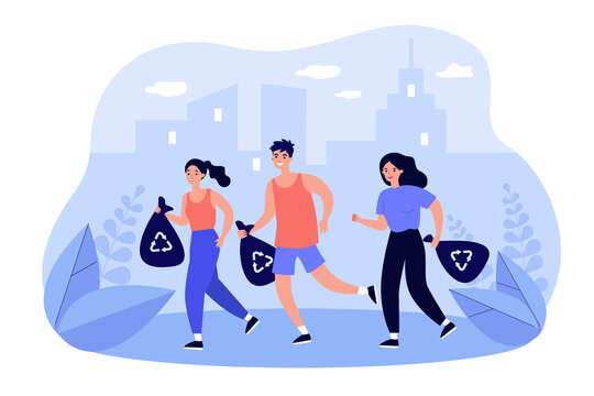 Group of happy people picking up litter while jogging. Sporty man and woman running and carrying plastic bags with recycling sign. For plogging, active lifestyle, environment protection concept