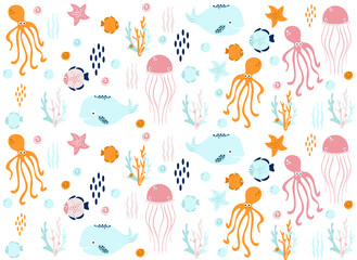 Fototapeta na wymiar sea world (whale, fish, jellyfish, squid, star, seashell, algae, coral), vector illustration