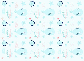 sea world (whale, fish, jellyfish, squid, star, seashell, algae, coral), vector illustration