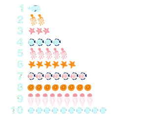 numbers for children with examples, from 1 to 10. Kids learning material. Number 1-10. sea world