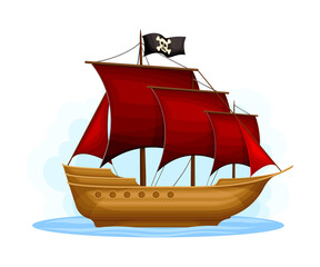 Wooden Pirate Ship or Vessel with Red Sail Vector Illustration