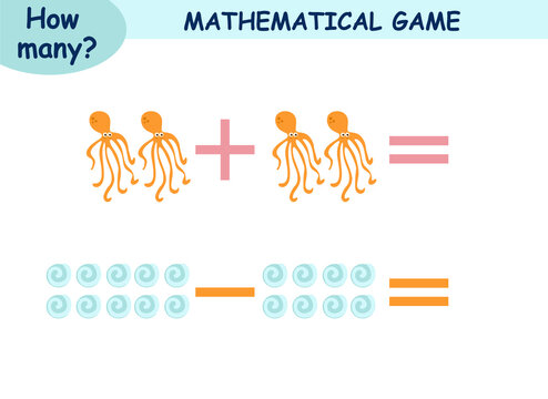 mathematical examples of addition and subtraction. educational page for children. sea world