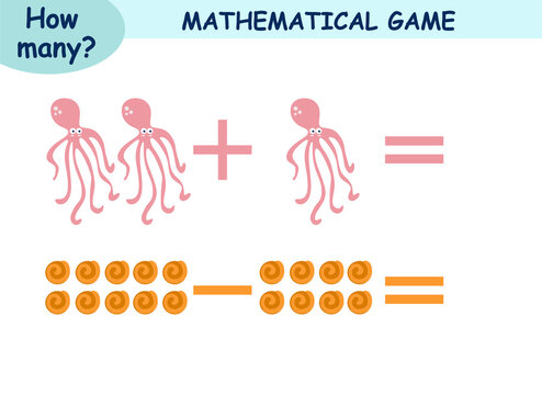mathematical examples of addition and subtraction. educational page for children. sea world