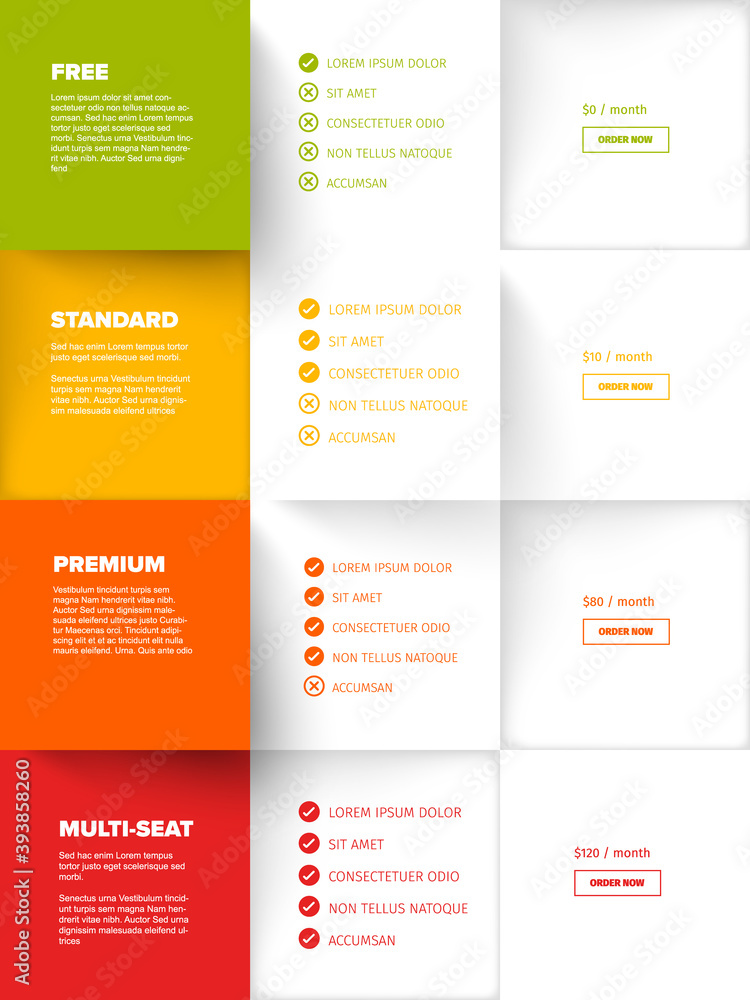 Poster products versions feature and price list table