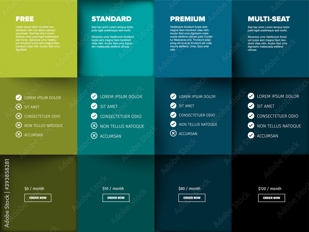 Poster products versions feature and price list table