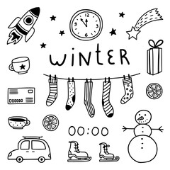 Winter doodles set. Black and white naive illustration. Sketches of christmas elements, rocket, watch, comet, gift box, socks on a rope, tangerine slices, letter, mug, car with trunk, skates, snowman.