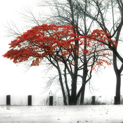 red tree in fog 37607