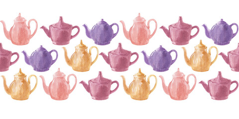 Watercolor seamless borders on the theme of tea drinking with colorful teapots, mugs, tea bags, teaspoons