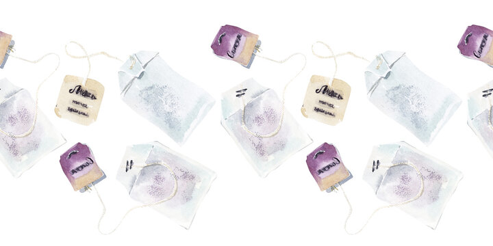Watercolor seamless borders on the theme of tea drinking with colorful teapots, mugs, tea bags, teaspoons