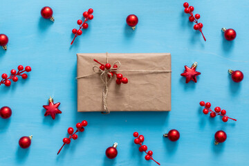 Christmas wooden background with red christmas tree toys and balls