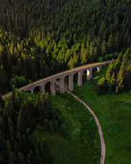 A aerial photo from a beautiful viaduct in Slovakia at sunset.