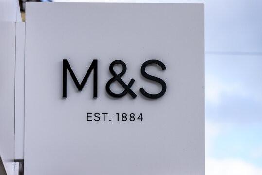 Northampton UK October 5, 2017: Marks and Spencer logo sign in Northampton town centre.