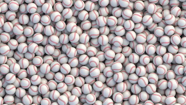 Huge pile of baseball balls background. Many white baseball balls with red stitching lying in a pile. Realistic vector background