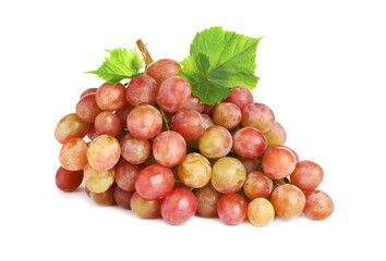 Bunch of fresh ripening red grapes with leaves isolated on white