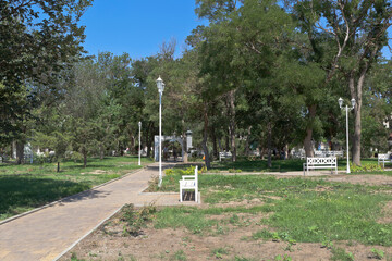 Landscape of the square named after Alexander Sergeevich Pushkin in the city of Saki, Crimea