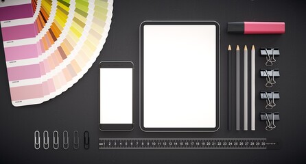 Responsive web design development. Work table with tablet, smartphone and other design elements....