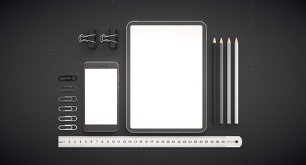 Responsive web design development. Work table with tablet, smartphone and other office items.
