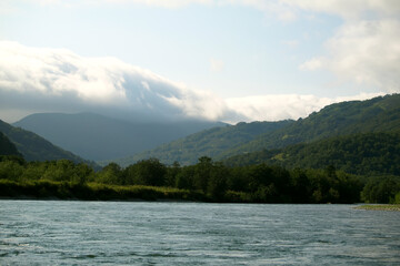 River Malkinskaya Bystraya in summer cloudy day