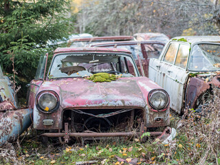 Car wrecks in the forest of Varmland during fall in Sweden
