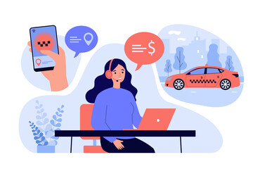 Taxy dispatcher in headset taking phone calls and accepting orders. Hand of customer using application on cellphone and ordering cab online. For transportation, taxi service, business concept