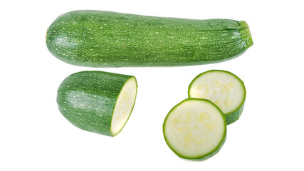 fresh green zucchini with slice isolated on white background