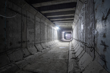Large empty square reinforced concrete tunnel. Construction of a shallow subway tunnel ventilation.