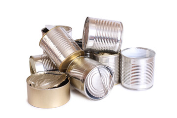 Heap of old empty cans on a white background. Isolated objects