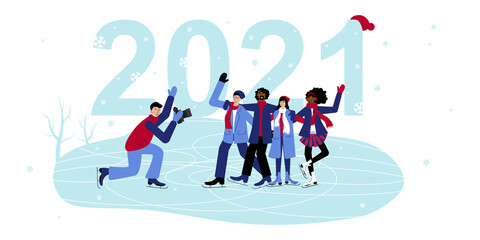 Plakat Multinational Group of Friends are Skates on the Ice, takes Photos and Celebrates New 2021 Year. Happy Girls and Boys are Posing.