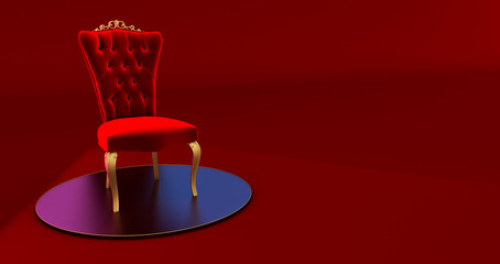 Fototapeta premium 3D render of Red royal chair on a pedestal. Place for the king. Royal throne,