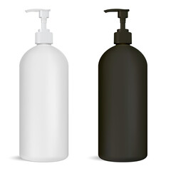 Black and white pump bottle set. Cosmetic package with dispenser cap for shampoo or liquid soap. Hand cleanser container with batcher valve for pharmacy or medicine. Isolated tube mock up