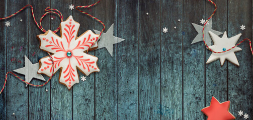 Christmas background banner. Festive handmade gingerbread cookies.