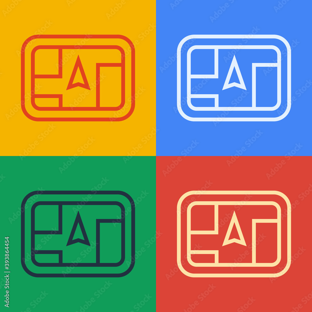 Poster pop art line gps device with map icon isolated on color background. vector illustration.
