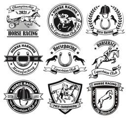 Vintage badges for equine club vector illustration set. Monochrome jockey polo tournament signs. Horse races and racing school concept can be used for retro template, banner or poster