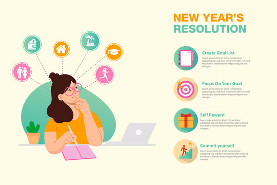 New Years Resolution And Goals Infographic. Young Woman With Pen Writes