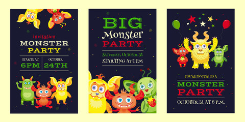 Monster party invitation designs with funny beasts and mascots. Bright colorful invitations for children. Celebration and Halloween party concept. Template for leaflet, banner or flyer