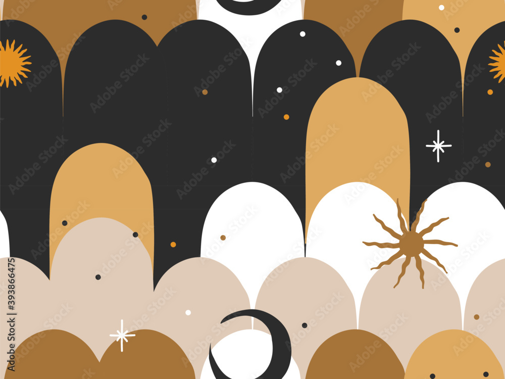 Wall mural hand drawn vector abstract flat stock graphic icon illustrations seamless pattern with celestial moo