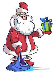 Cute cartoon Santa Claus sad with an empty bag and one gift