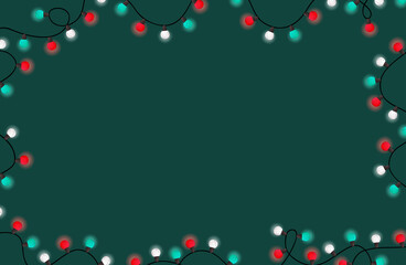 Merry Christmas and Happy New year background. Color christmas lights border. Invitation party, greeting card template. Festive garland, holiday banner.Festive garland,decoration element. Xmas decor.